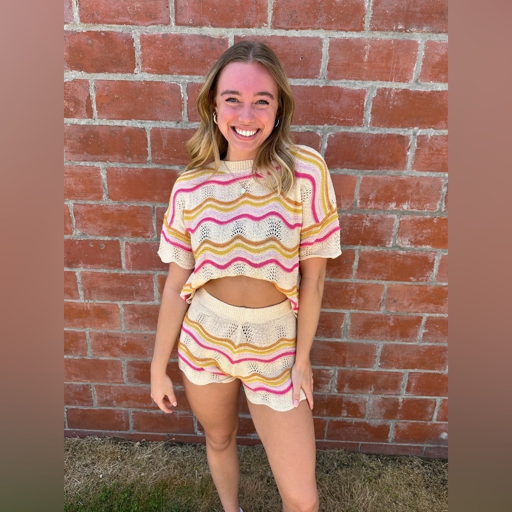 Bohemian Flutter Open Knit Shorts in Tan Pink Orange, Size